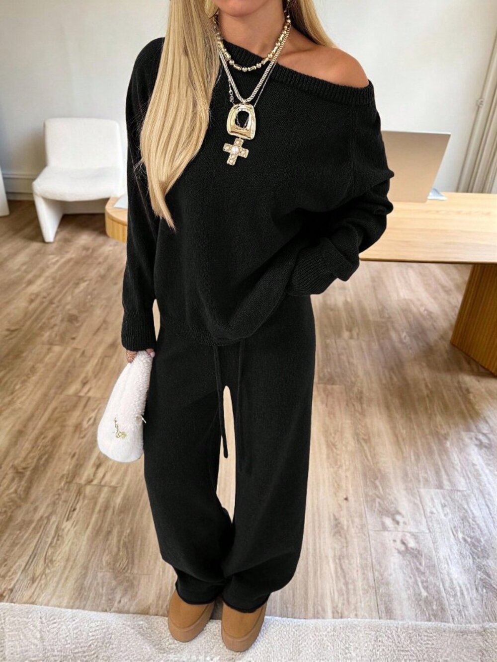 Black Casual Women's Drawstring Rib-Knit Drop Shoulder Long Pants - Picture 5 of 5